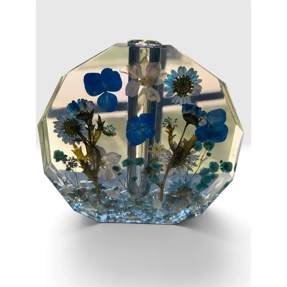 Forever Bloom Blue Meadow Bud Vase Real Pressed Flowers in Crystal Clear Resin